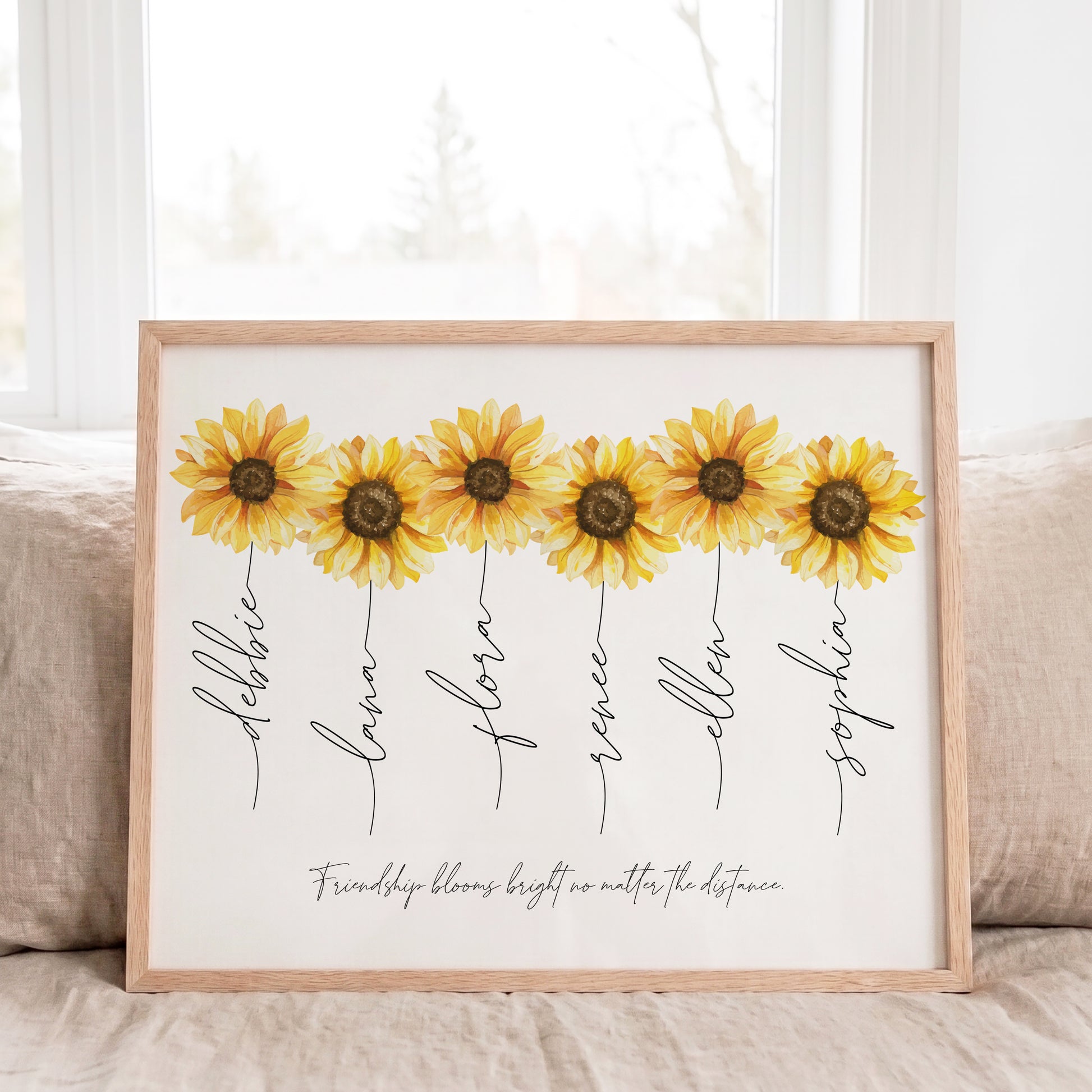 Custom sunflower bouquet wall art print with family names and custom quote