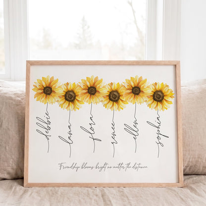 Custom sunflower bouquet wall art print with family names and custom quote