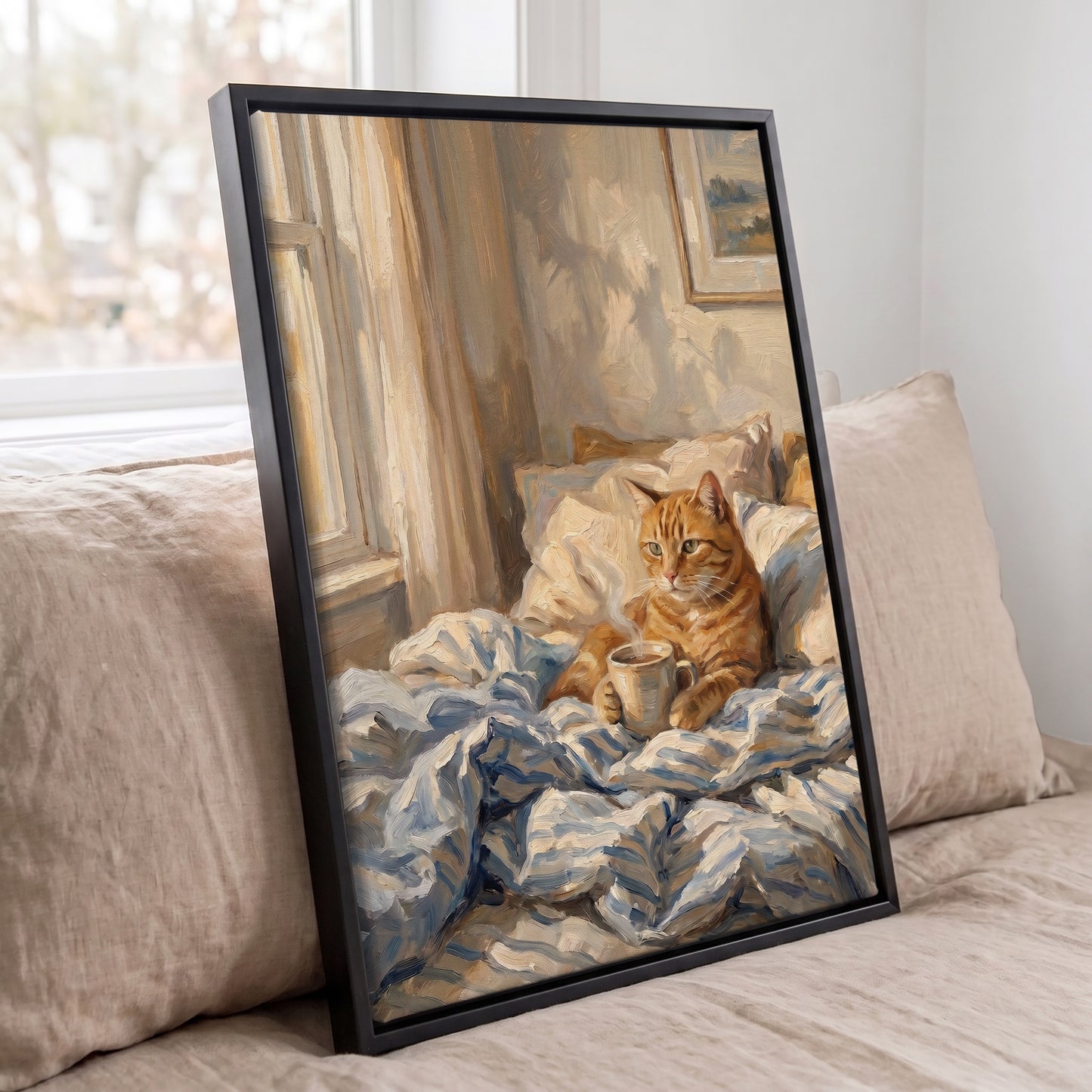 Personalized coffee-themed pet portrait created from customer photos with customizable blanket colors.
