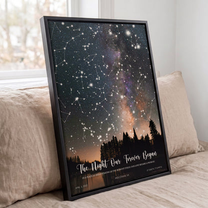 Angled lifestyle mockup of custom night sky print with black frame on linen fabric