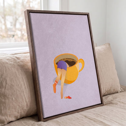 Trendy coffee lover illustration with woman legs hanging out of coffee mug in dark wood frame