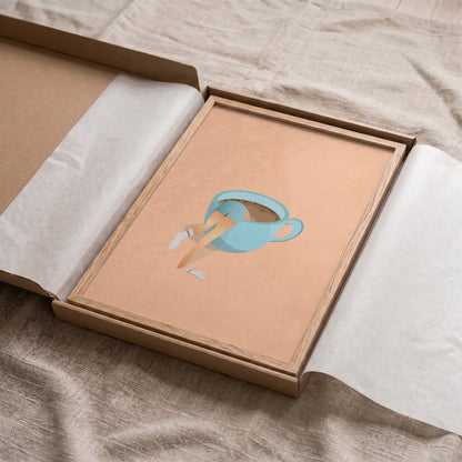 Woman diving into coffee mug art print carefully packaged in a gift box