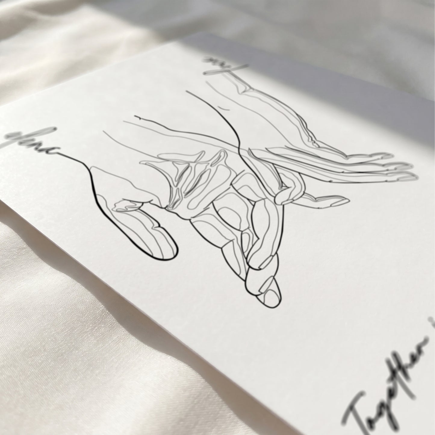 Close-up of a personalized holding hands line art print showing premium print quality and fine details.