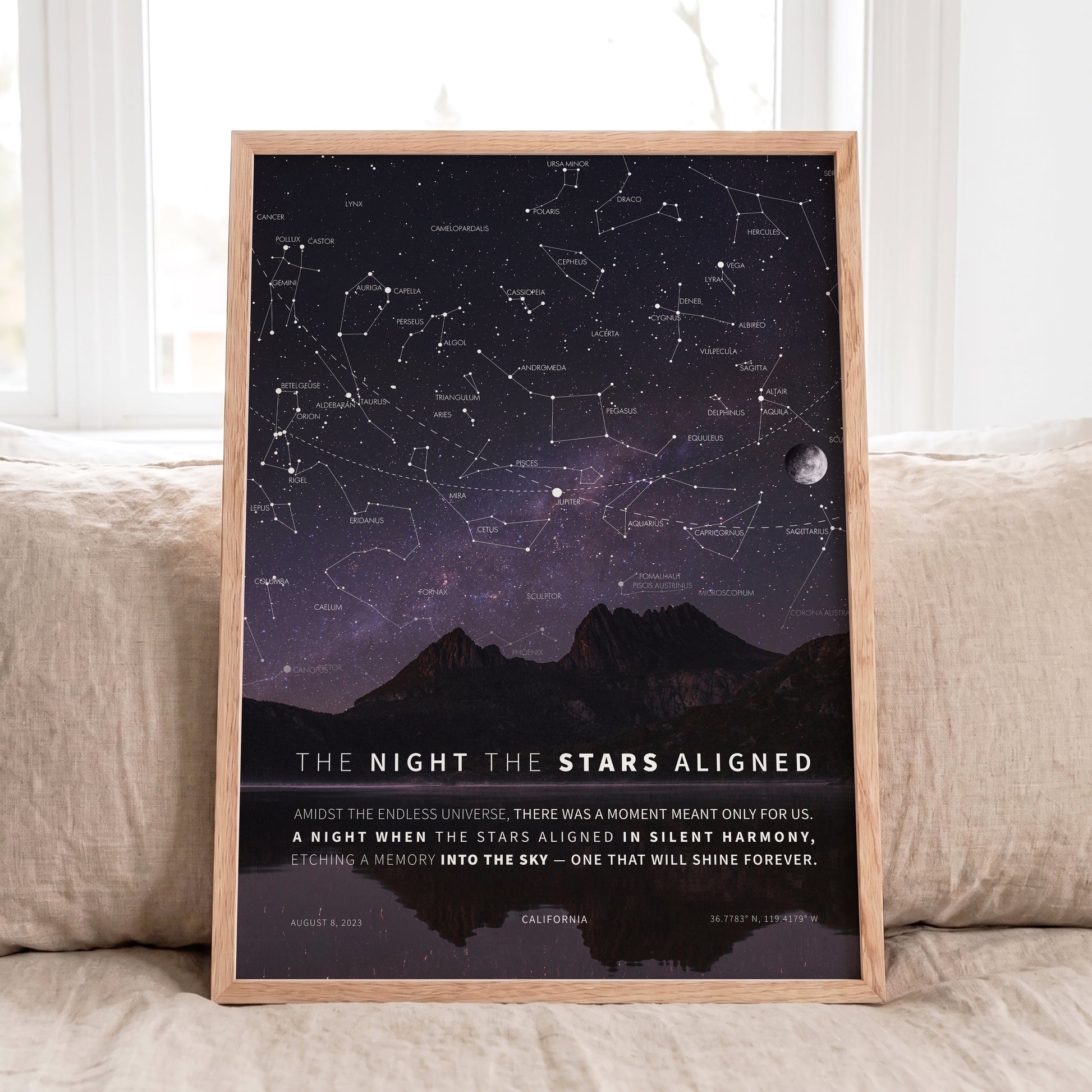 Personalized Milky Way Star Map with scenic mountain background, custom night sky print featuring real constellations, moon phase, and exact stars from your special date.
