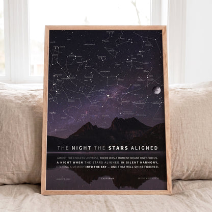 Personalized Milky Way Star Map with scenic mountain background, custom night sky print featuring real constellations, moon phase, and exact stars from your special date.