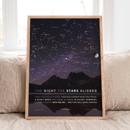 Personalized Milky Way Star Map with scenic mountain background, custom night sky print featuring real constellations, moon phase, and exact stars from your special date.