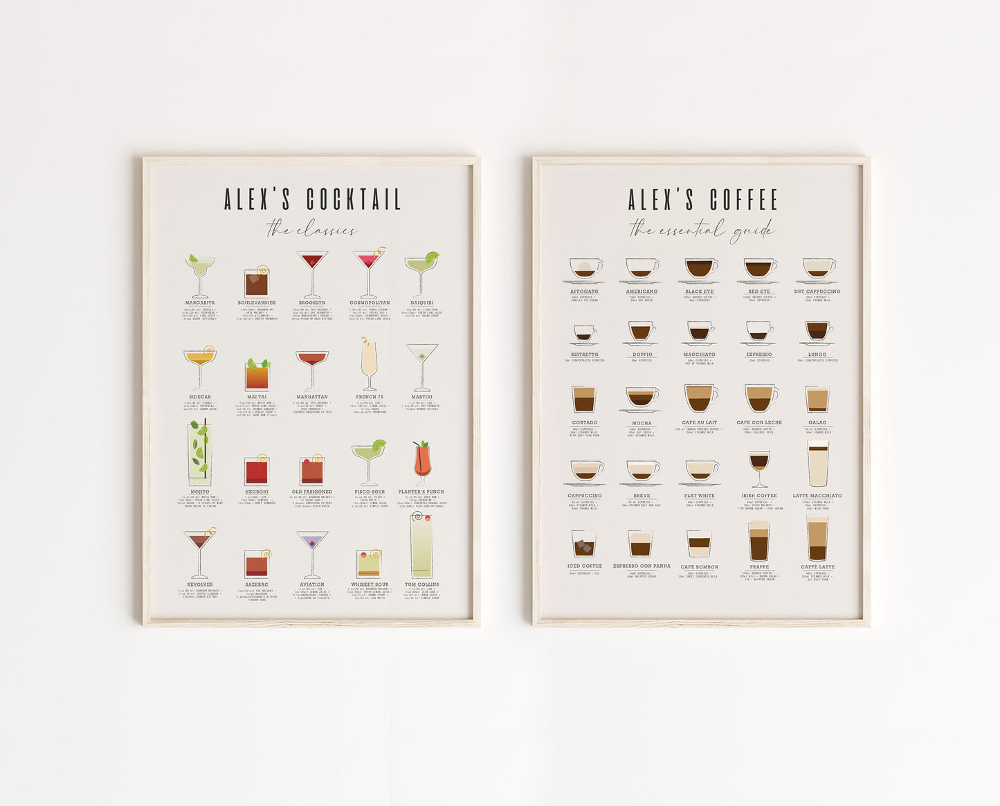 Personalized Coffee & Cocktail Guide Poster Set of 2