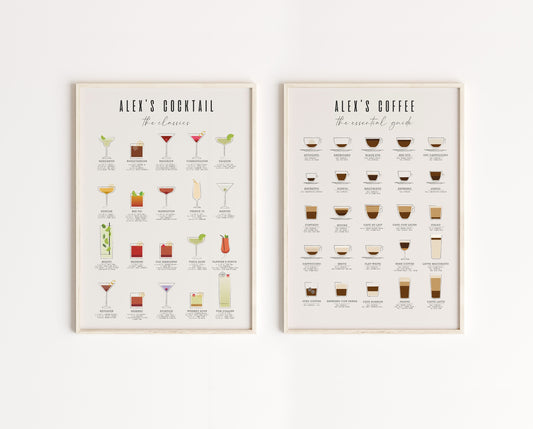 Personalized Coffee & Cocktail Guide Poster Set of 2