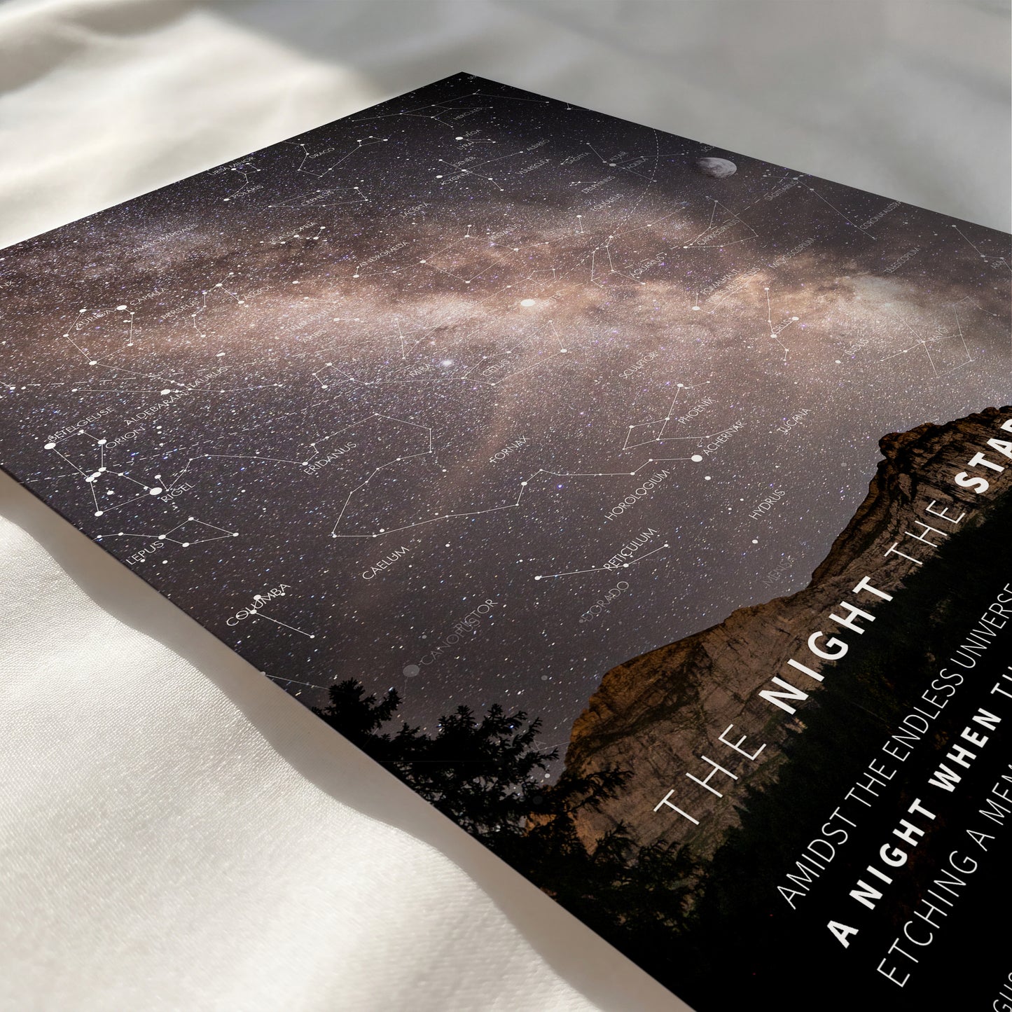 Close-up of a personalized Milky Way star map showing authentic constellation lines and astronomical details.