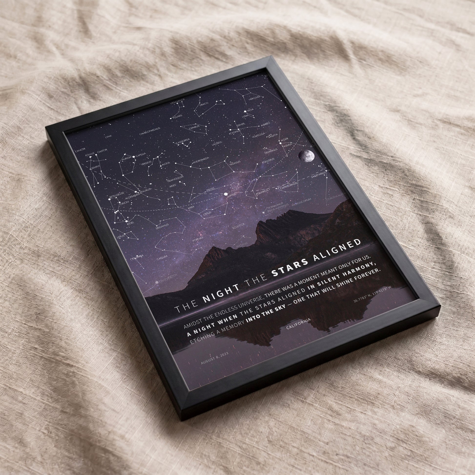 Framed personalized Milky Way night sky print featuring the [background] background and real astronomical star positions.