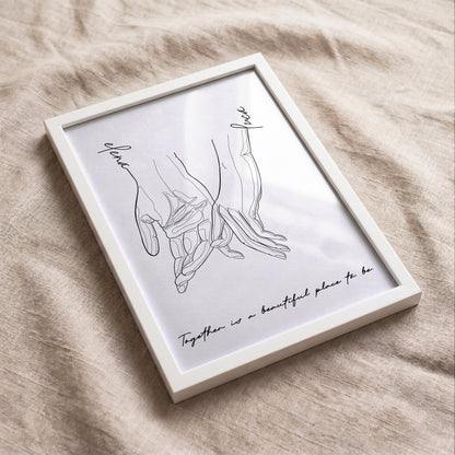 Minimalist personalized couple print displayed on neutral fabric with custom names and quote.