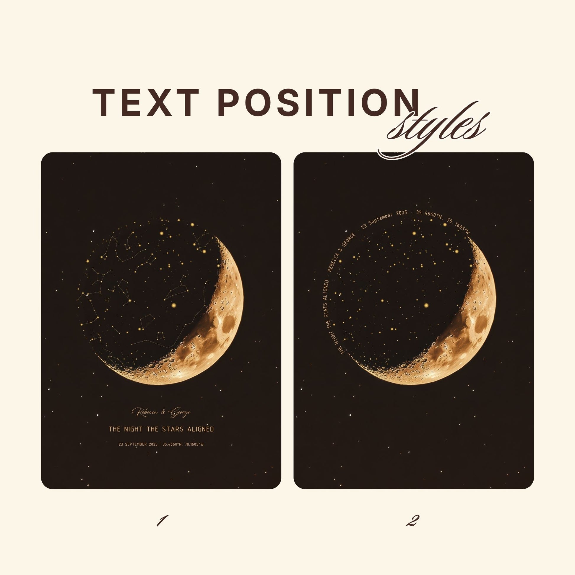 A design comparison showing two text position styles for a celestial poster. The top text reads 'TEXT POSITION styles'.