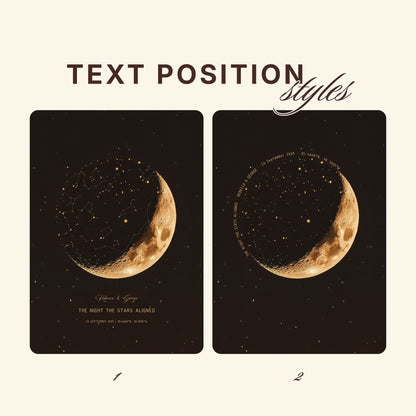 A design comparison showing two text position styles for a celestial poster. The top text reads 'TEXT POSITION styles'.