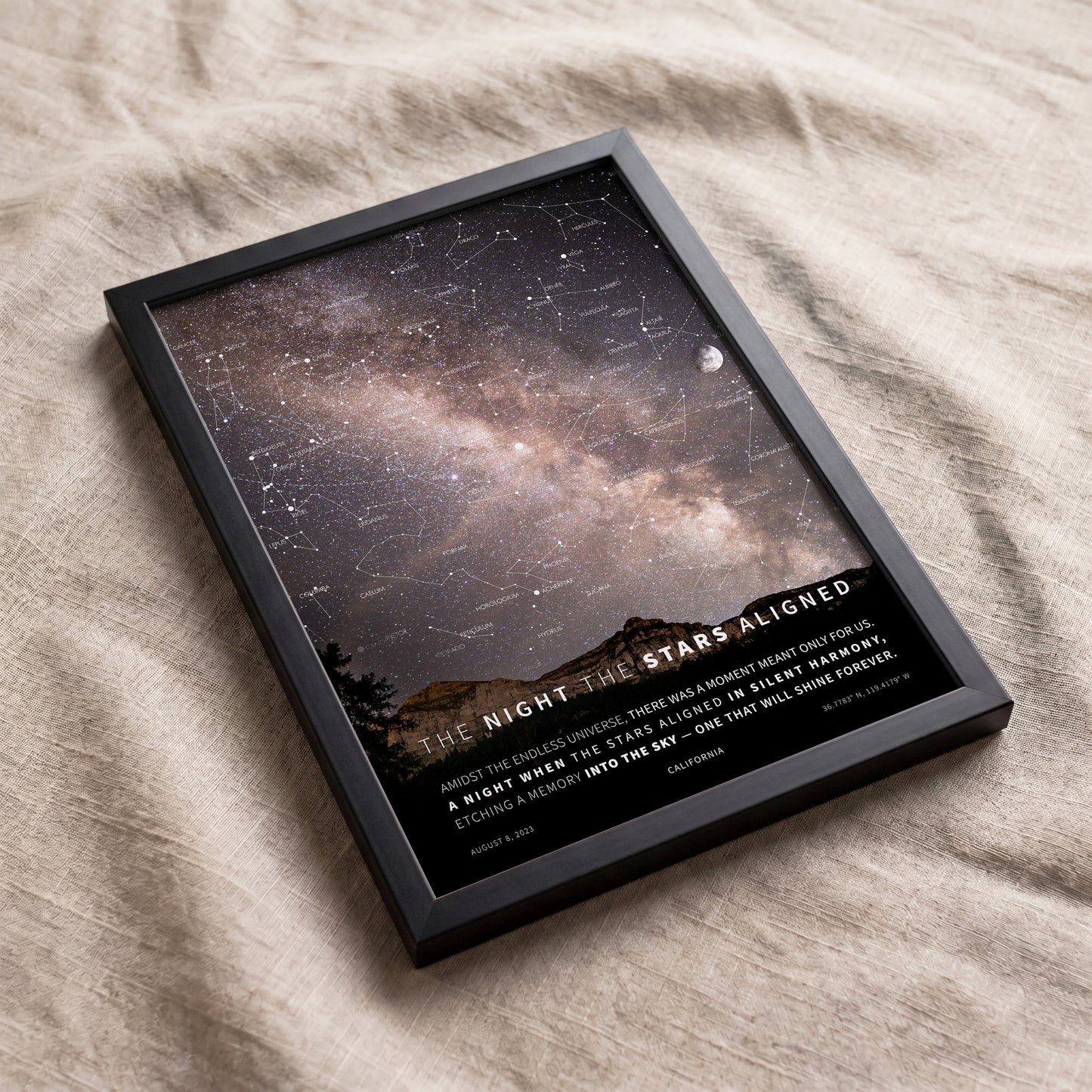Framed custom Milky Way star map featuring a mountain landscape and personalized night sky from any date and location.