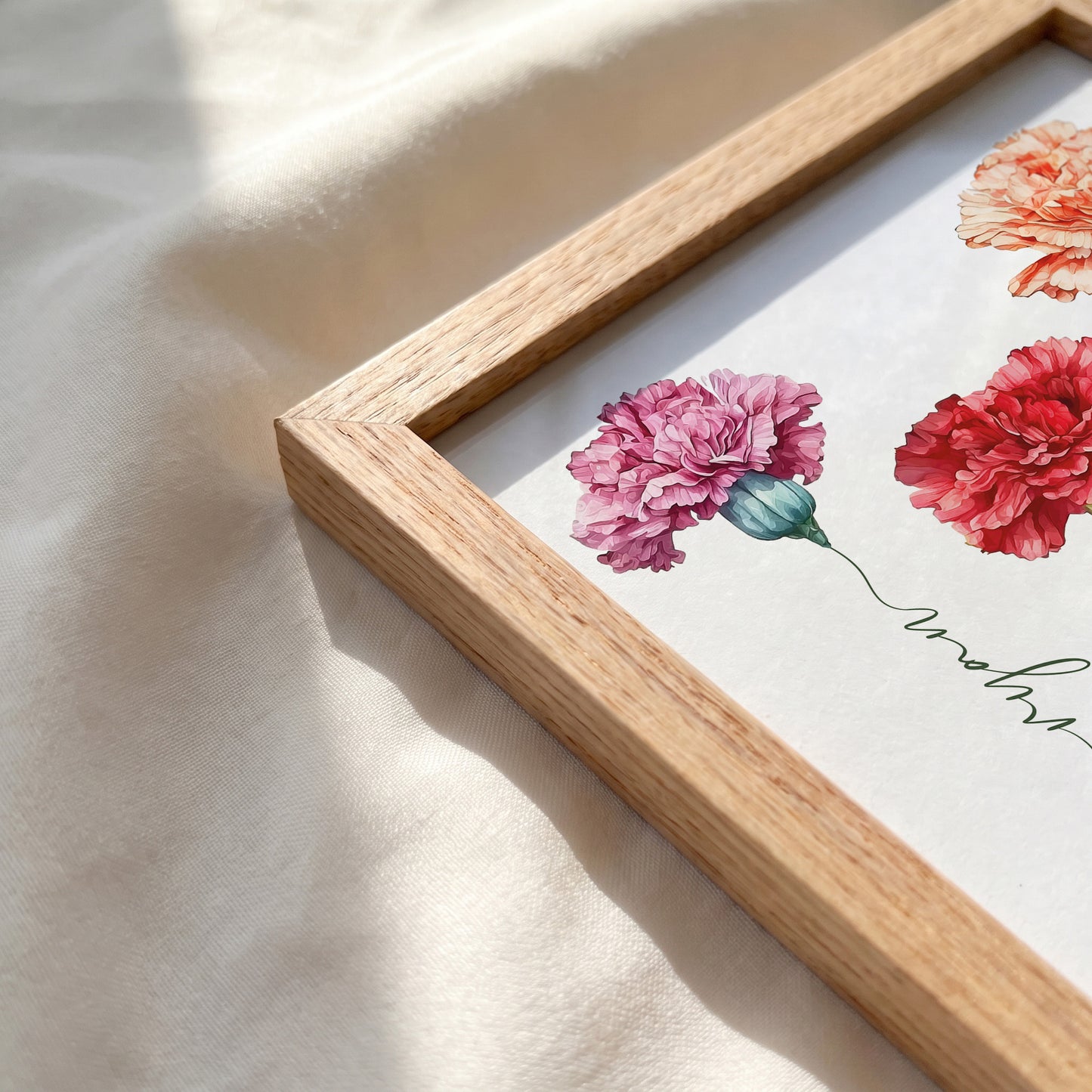 Natural red oak wood frame corner detail for personalized carnation mothers day art