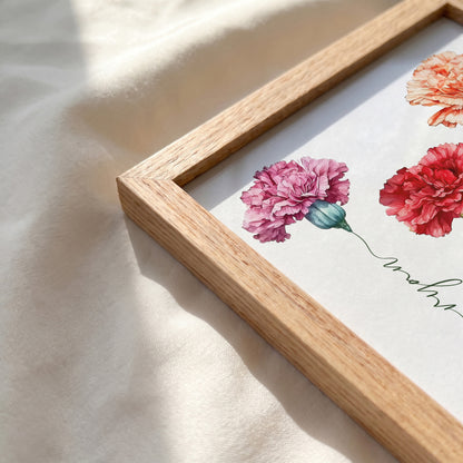 Natural red oak wood frame corner detail for personalized carnation mothers day art