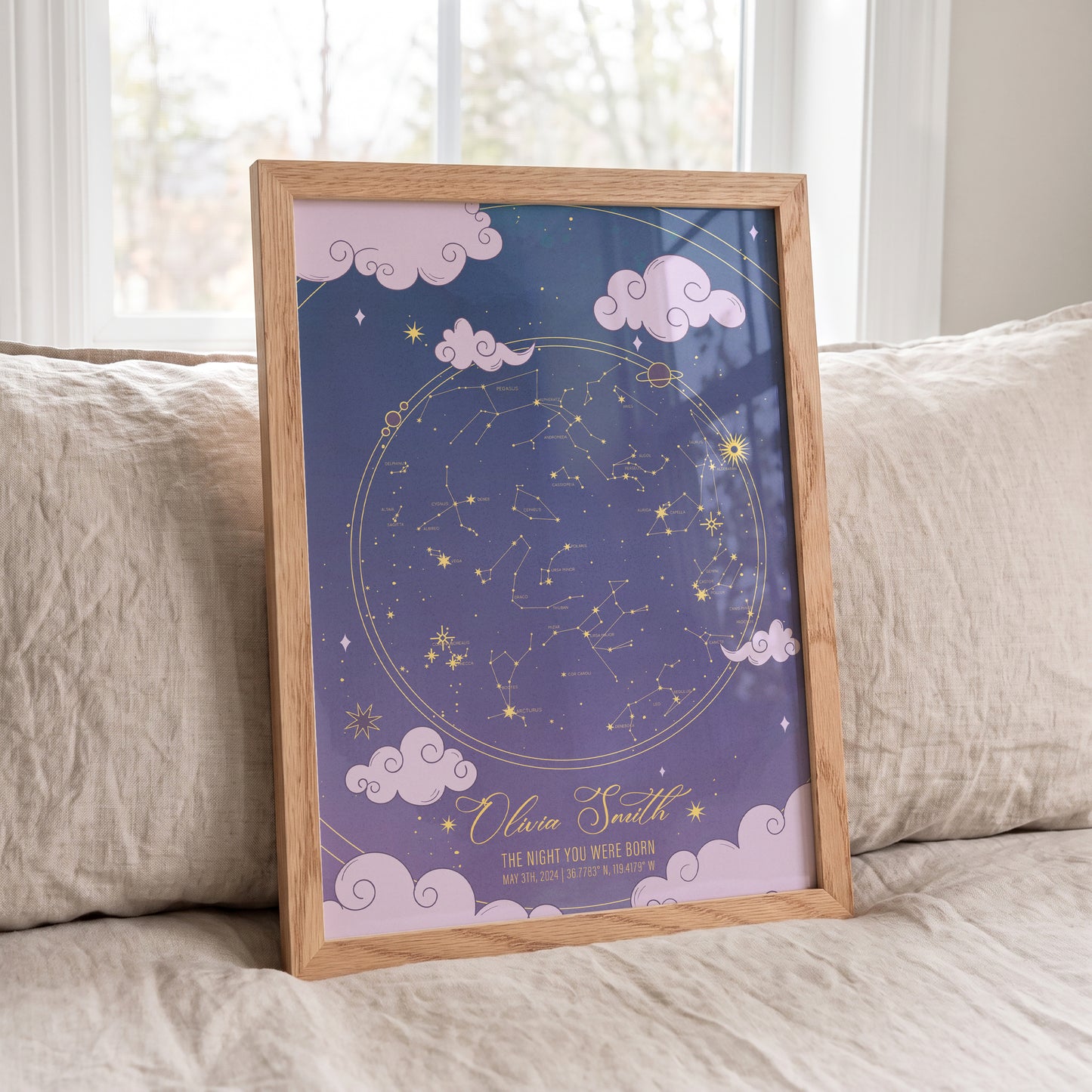 Personalized baby girl star map showing the night sky on her birth date