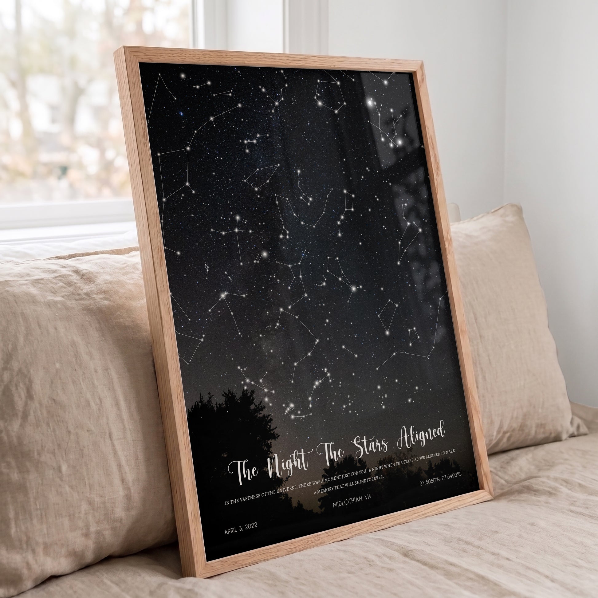 Oak framed personalized Wedding Star Map featuring the night sky from your wedding day.