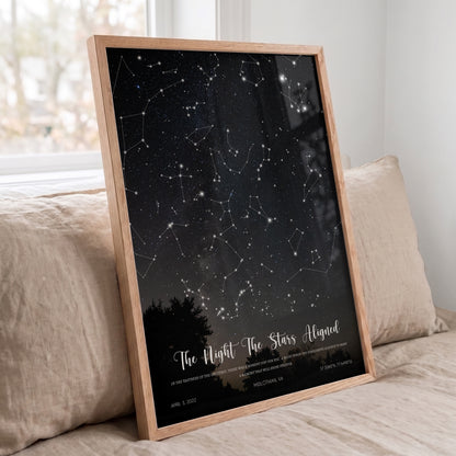 Oak framed personalized Wedding Star Map featuring the night sky from your wedding day.