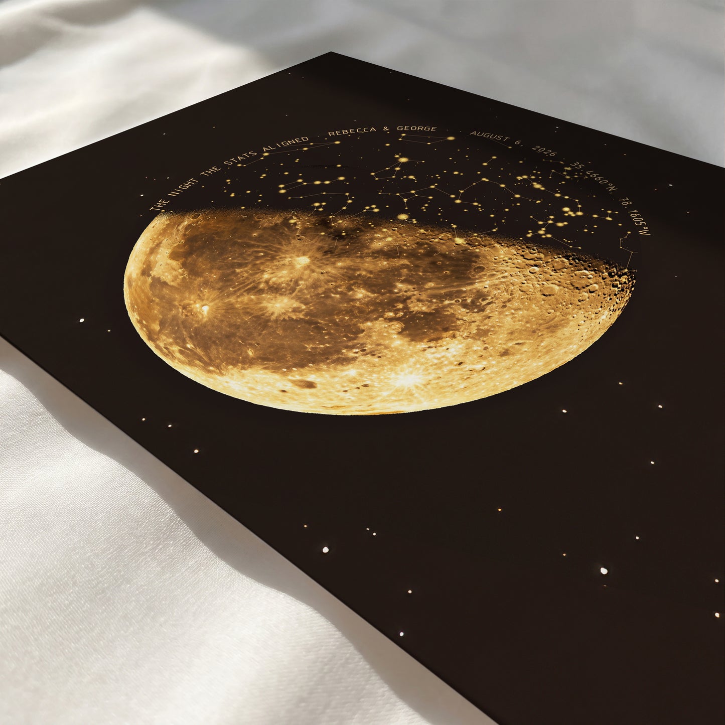 Close-up of a personalized star map featuring the moon phase Milky Way and constellations