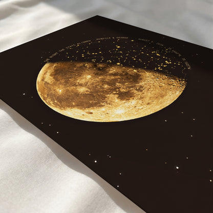 Close-up of a personalized star map featuring the moon phase Milky Way and constellations