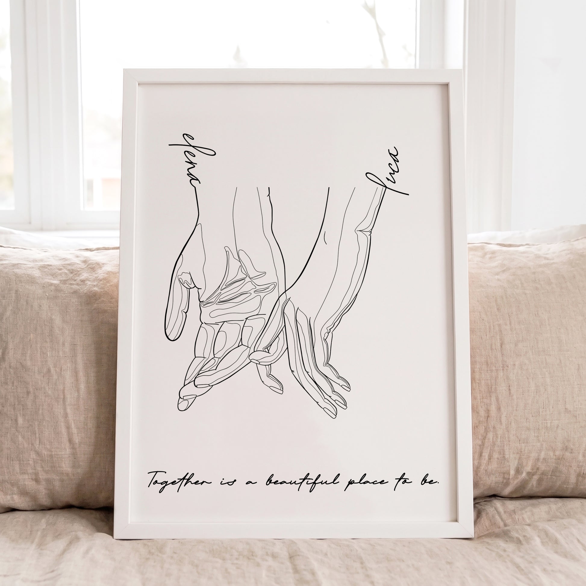 Personalized holding hands line art print featuring custom names on the wrists and a meaningful quote.