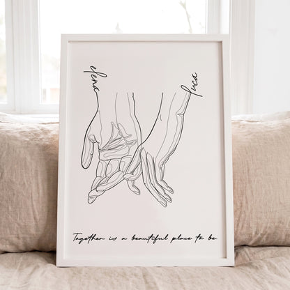 Personalized holding hands line art print featuring custom names on the wrists and a meaningful quote.