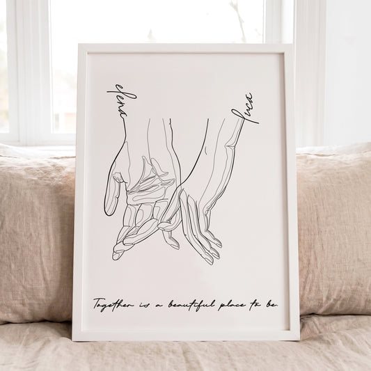 Personalized holding hands line art print featuring custom names on the wrists and a meaningful quote.