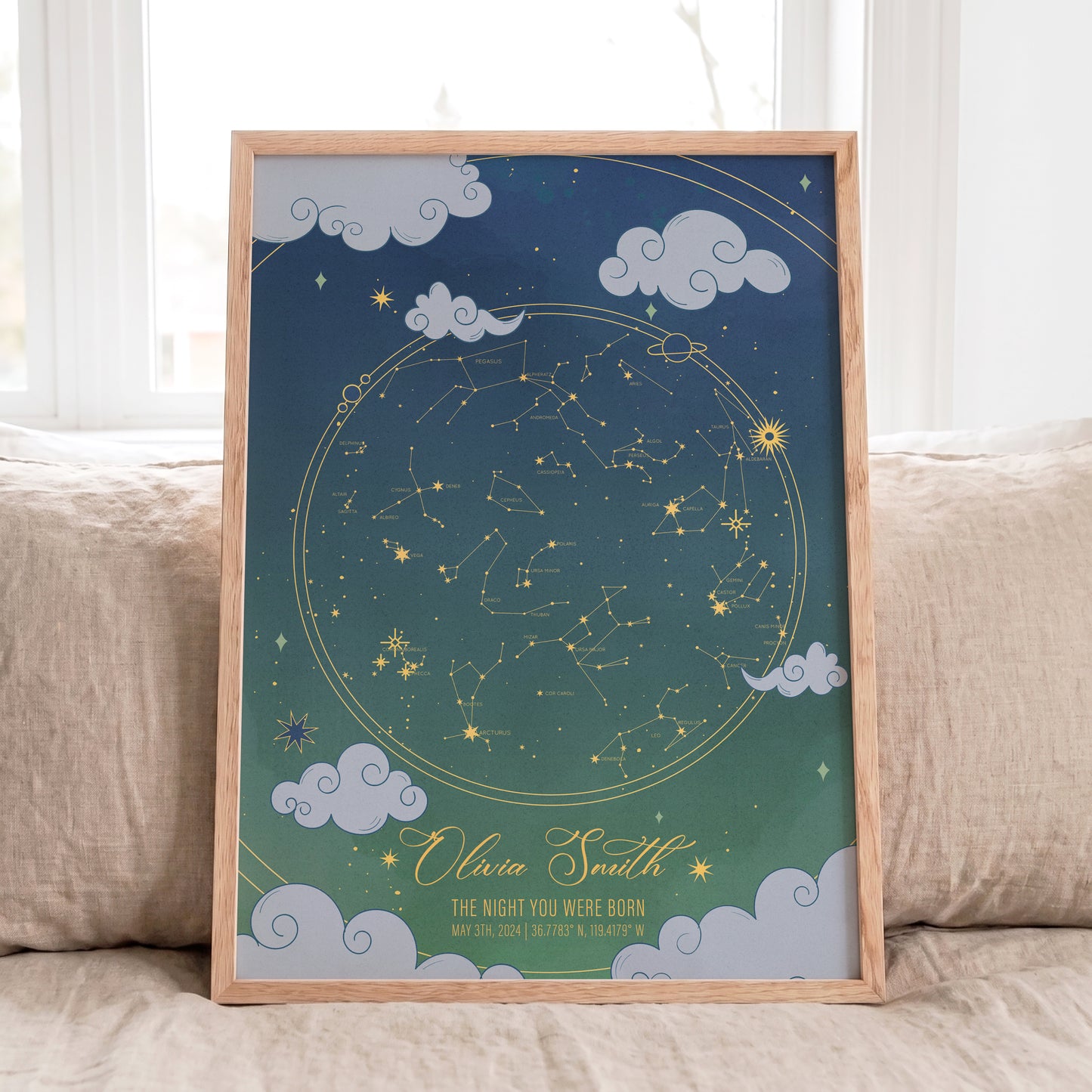 Personalized baby girl celestial print with birth date and location