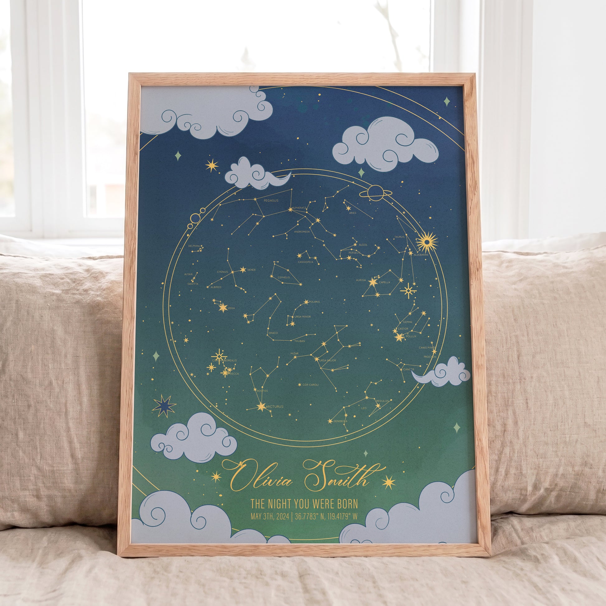 Personalized baby girl celestial print with birth date and location
