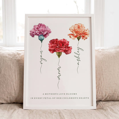 Personalized carnation flower print with kids names on stems for mothers day gift in white frame