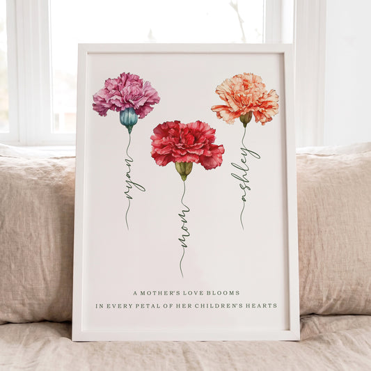 Personalized carnation flower print with kids names on stems for mothers day gift in white frame