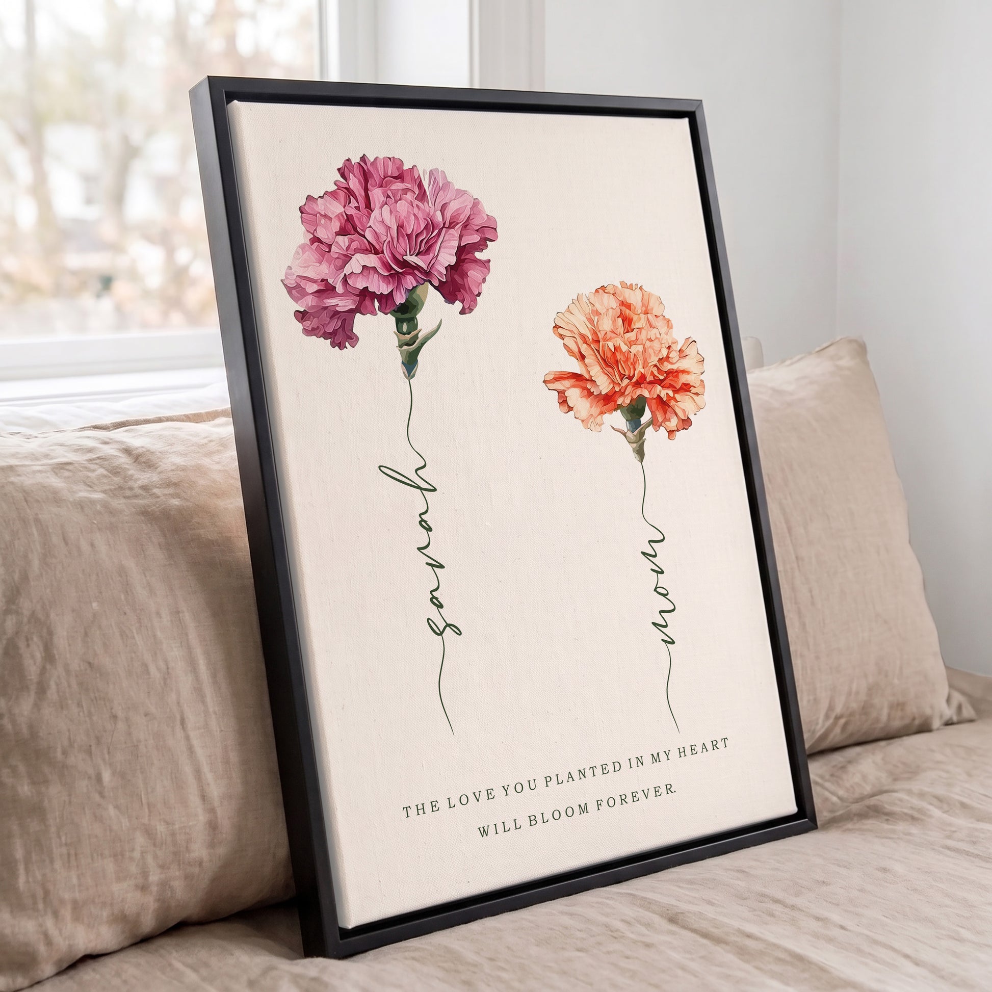 Personalized carnation art print for mom in sleek black frame with custom family names