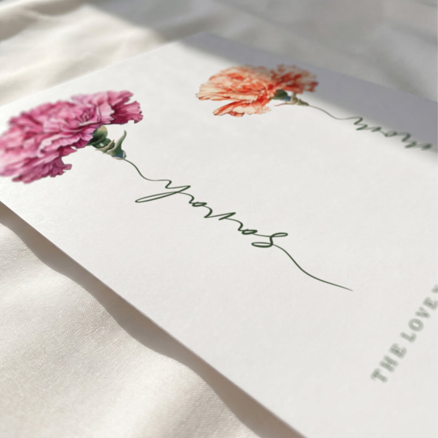 Close up view of custom carnation print showing child names on flower stems and custom quote