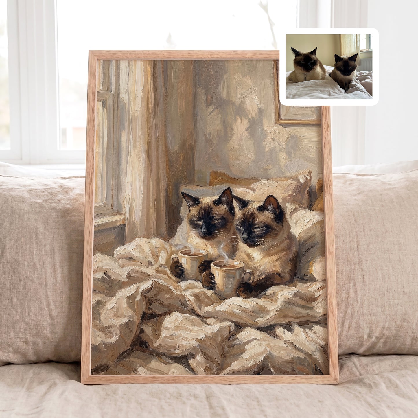 Personalized double cat portrait from photo with coffee mugs in a cozy bedroom painted artwork.