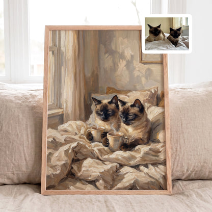 Personalized double cat portrait from photo with coffee mugs in a cozy bedroom painted artwork.