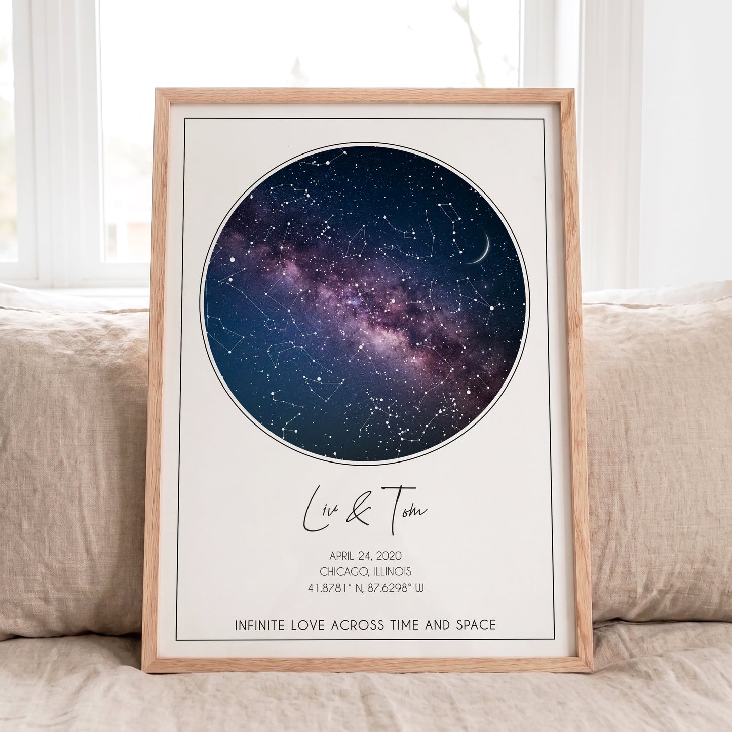 Personalized circular Milky Way star map in a natural oak frame customized with names, date and location.