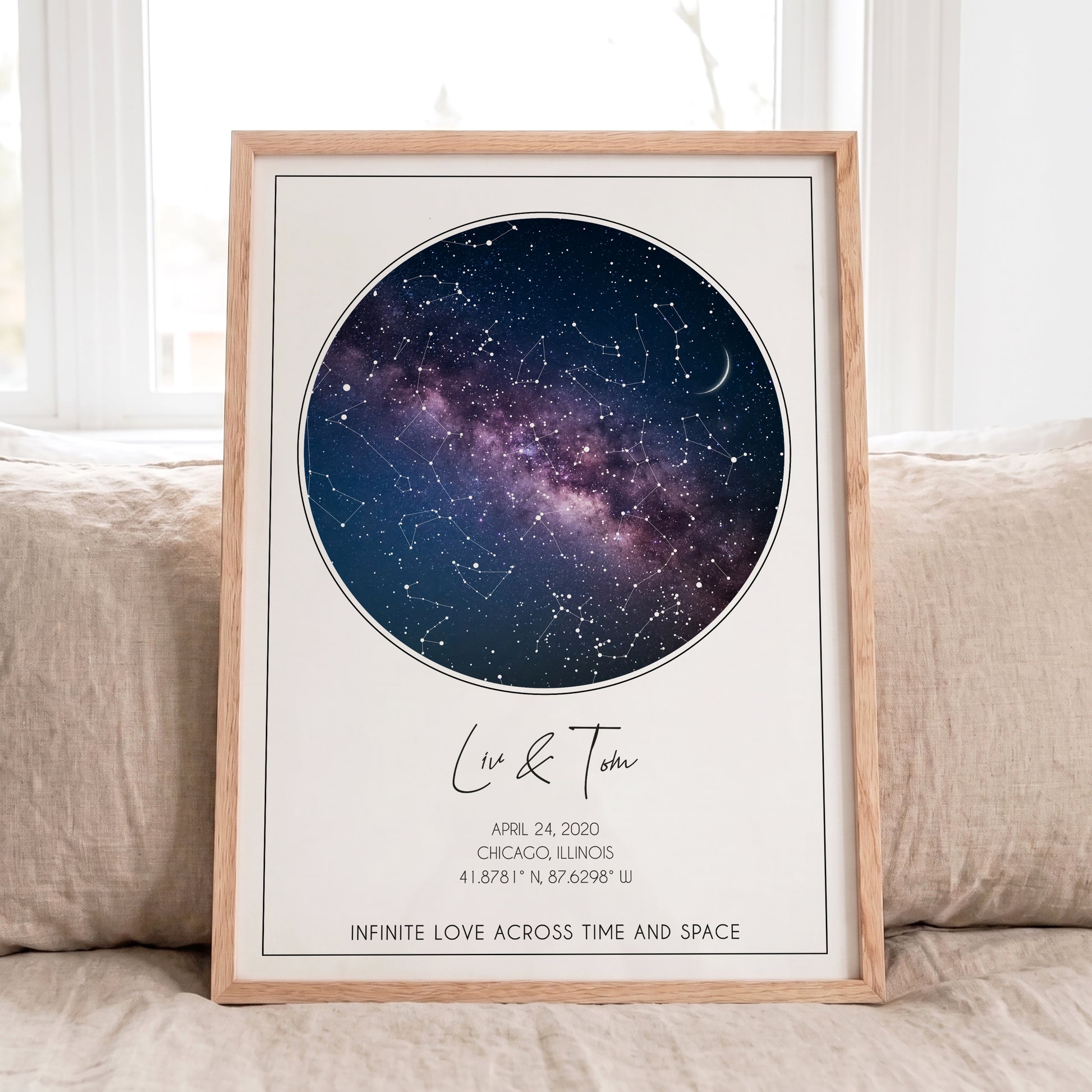 Personalized circular Milky Way star map in a natural oak frame customized with names, date and location.
