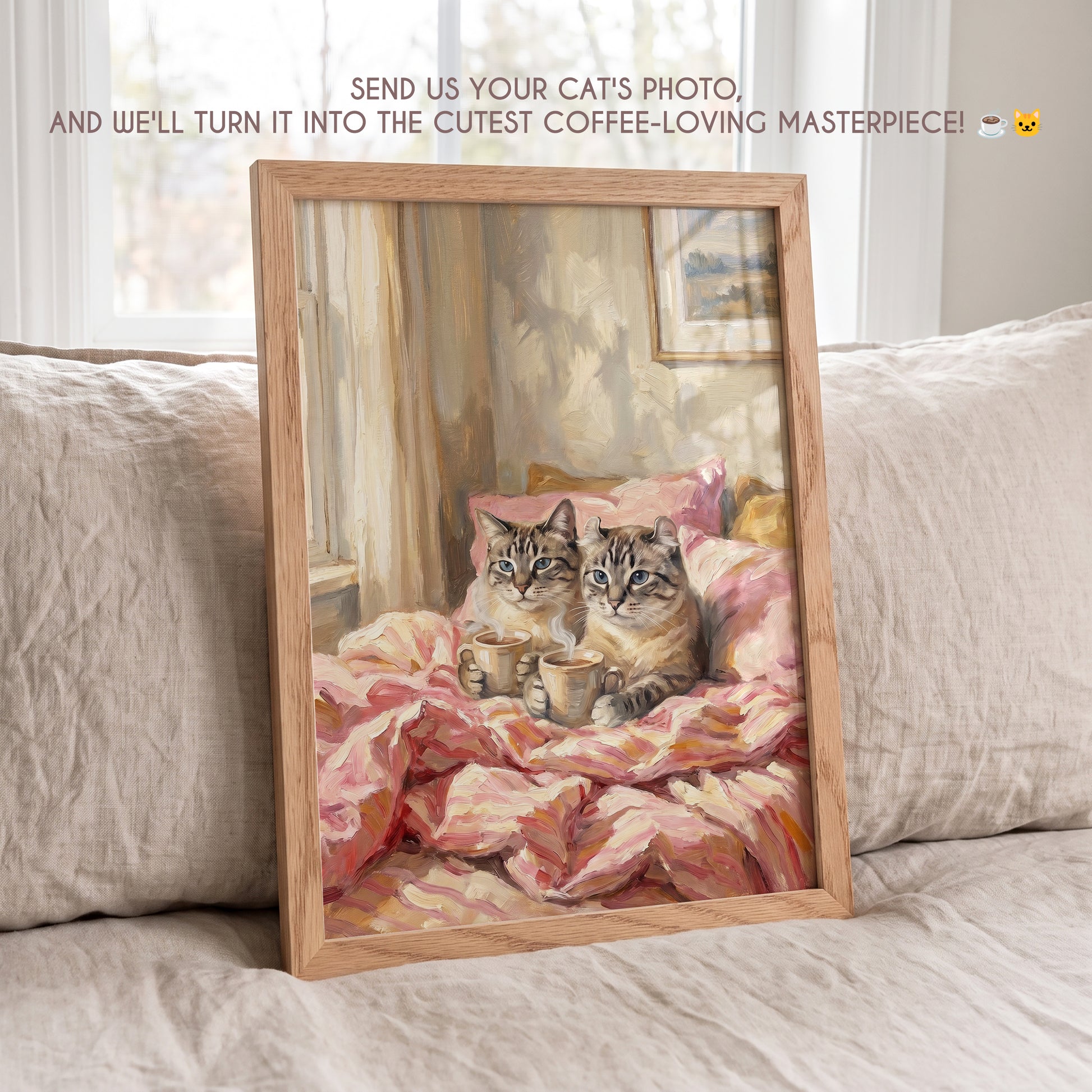 Framed personalized orange tabby cat portrait with cozy blankets and coffee cup displayed on a sofa.