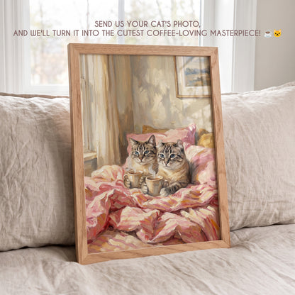 Framed personalized orange tabby cat portrait with cozy blankets and coffee cup displayed on a sofa.