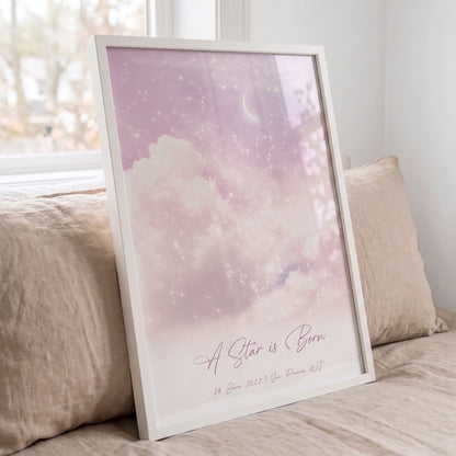 Personalized constellation print in a white frame with a soft pastel cloudy sky design.