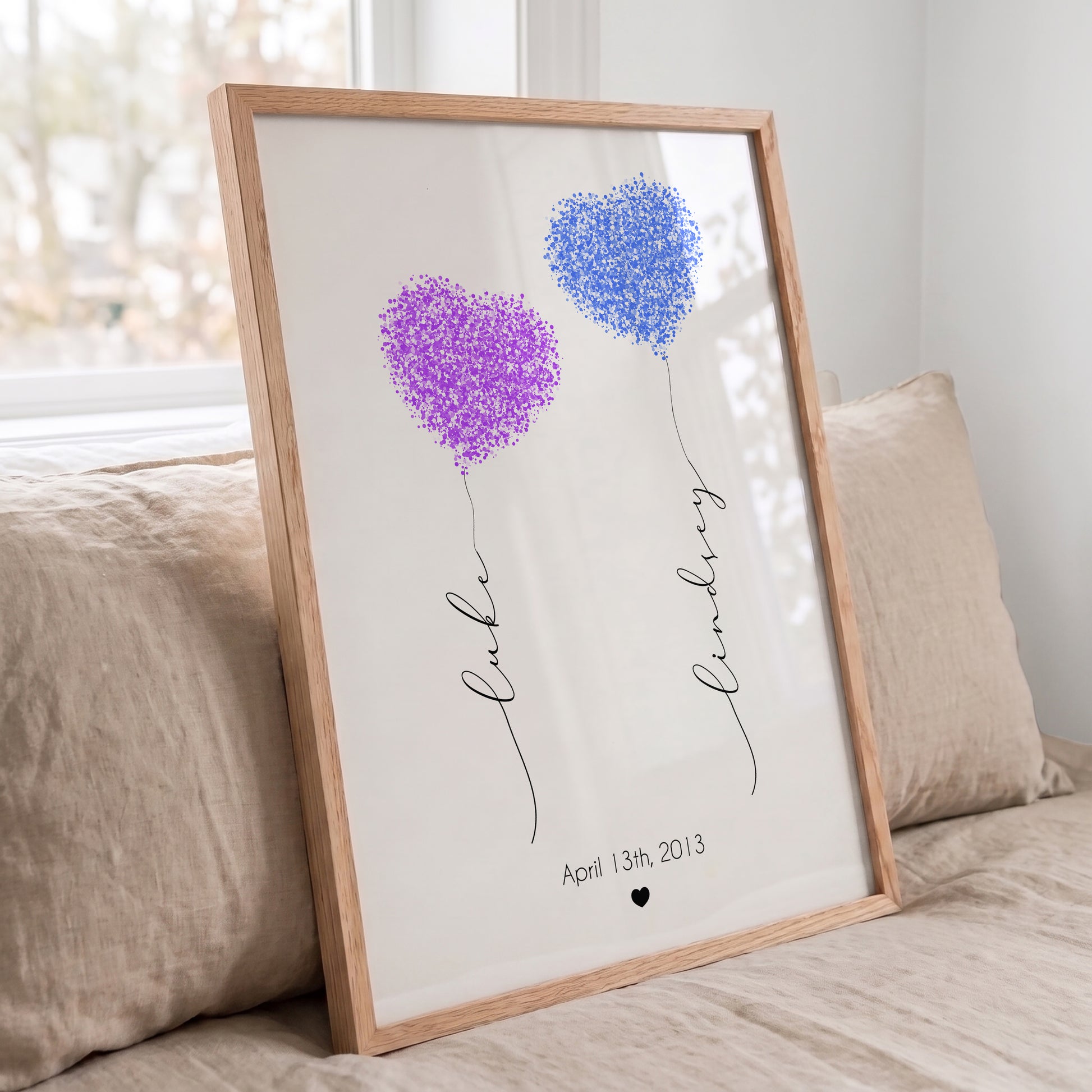 Personalized fingerprint heart print for couples in a red oak frame featuring custom names, optional quote, and special date.