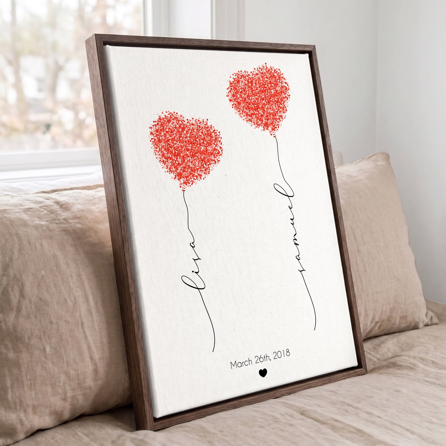Personalized heart balloon fingerprint print for couples in a black frame with custom names, date, and optional message.