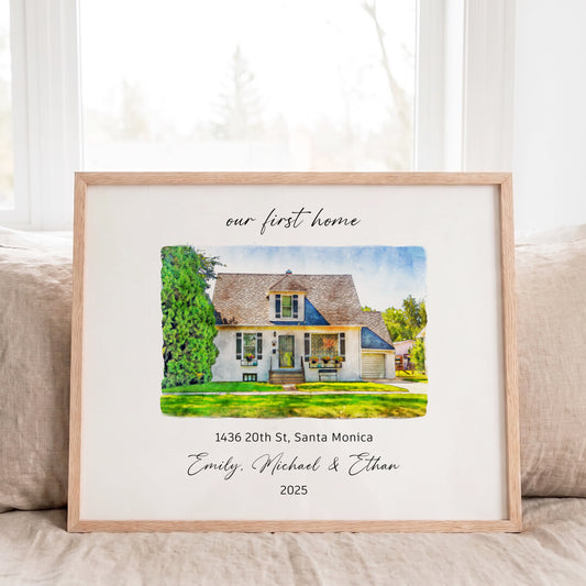 Custom watercolor house portrait created from a home photo with personalized names and details