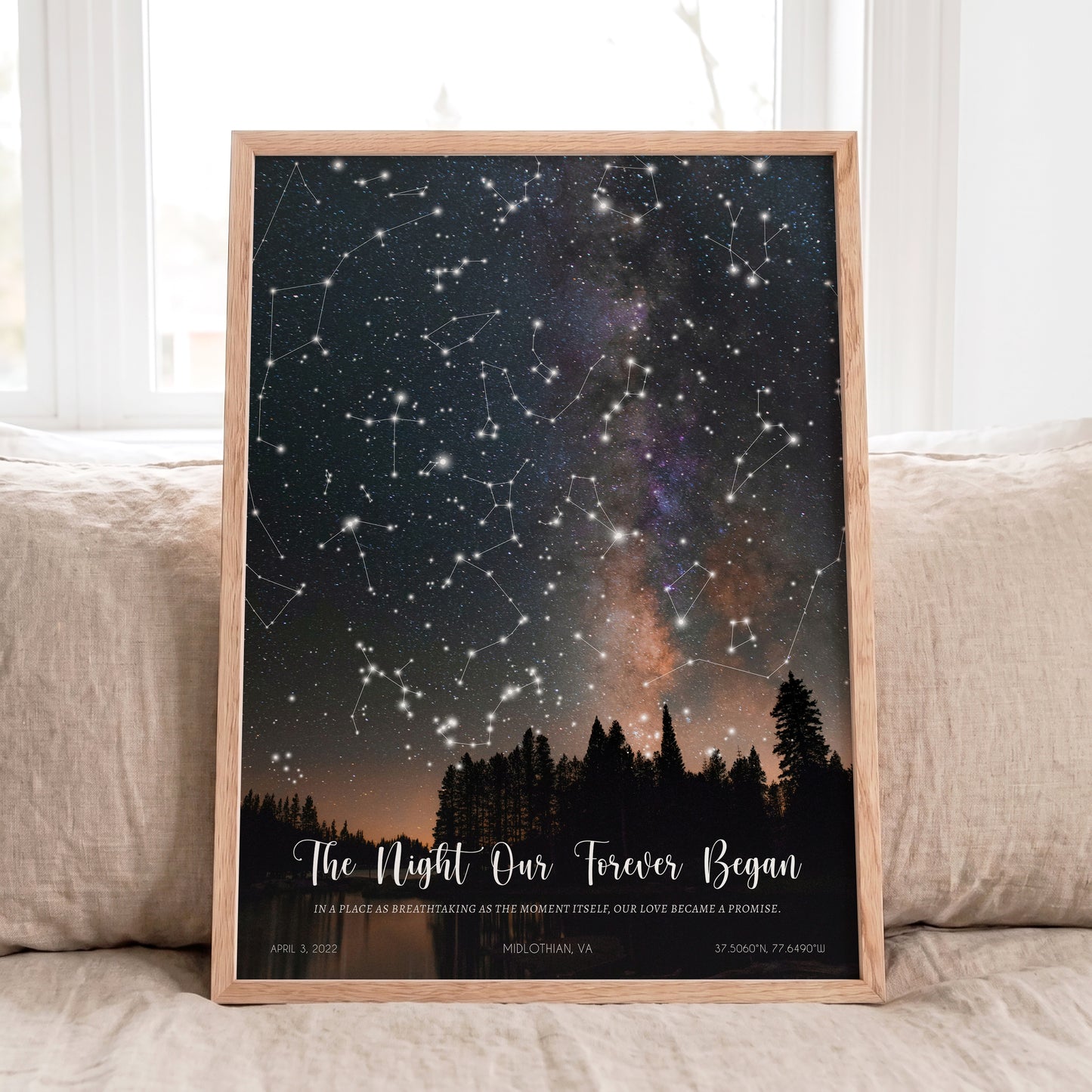 Red oak framed personalized constellation print with Milky Way background