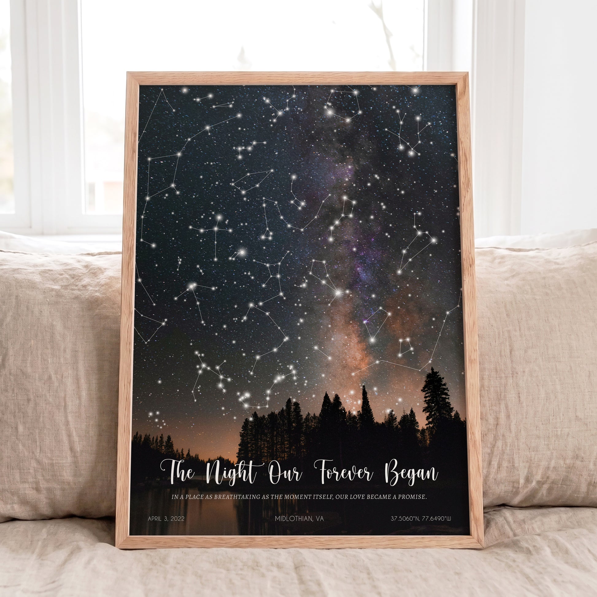 Red oak framed personalized constellation print with Milky Way background