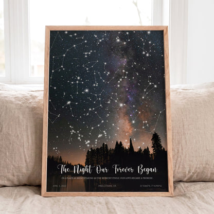 Red oak framed personalized constellation print with Milky Way background