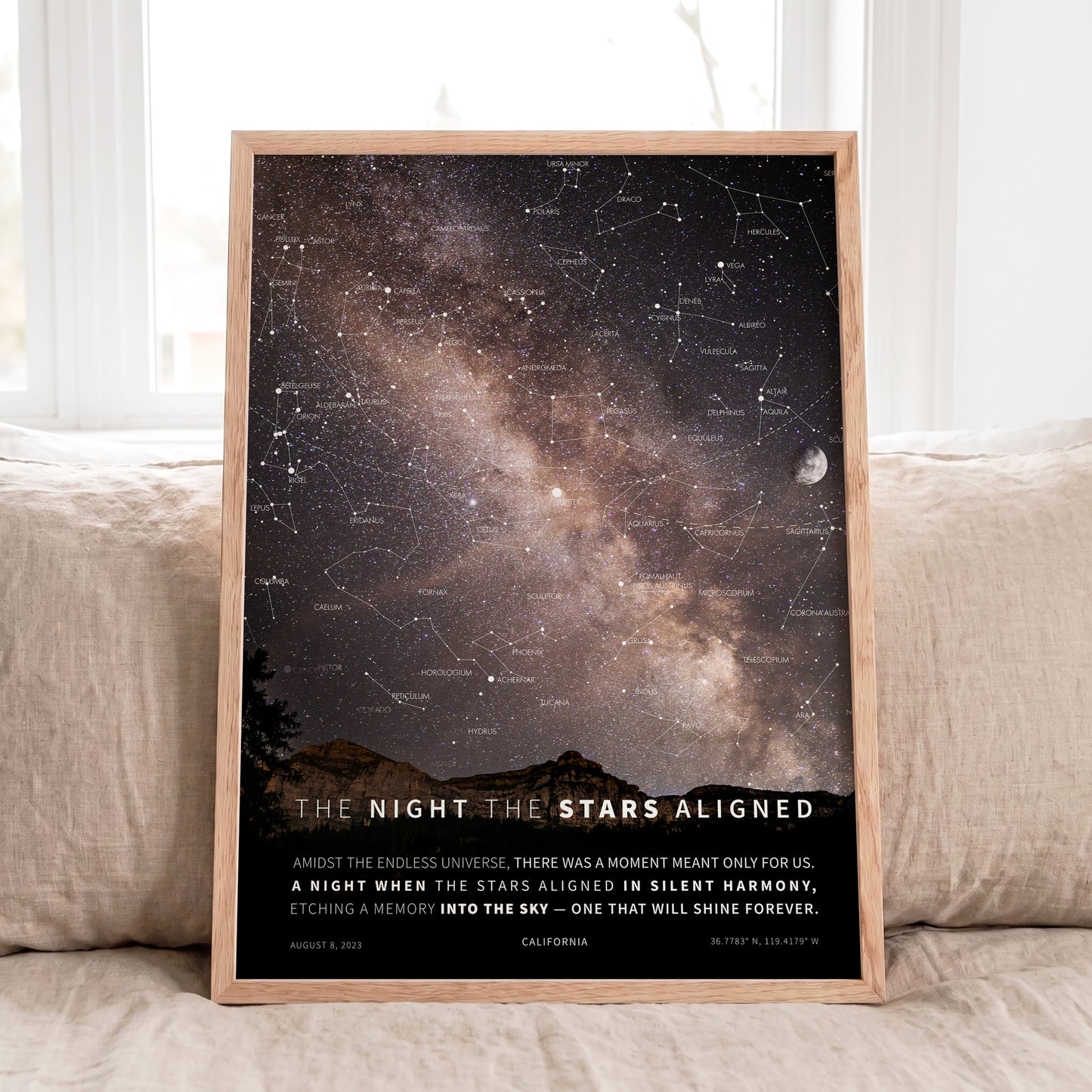 Personalized Milky Way Star Map featuring the exact night sky from your special date with a scenic mountain background.
