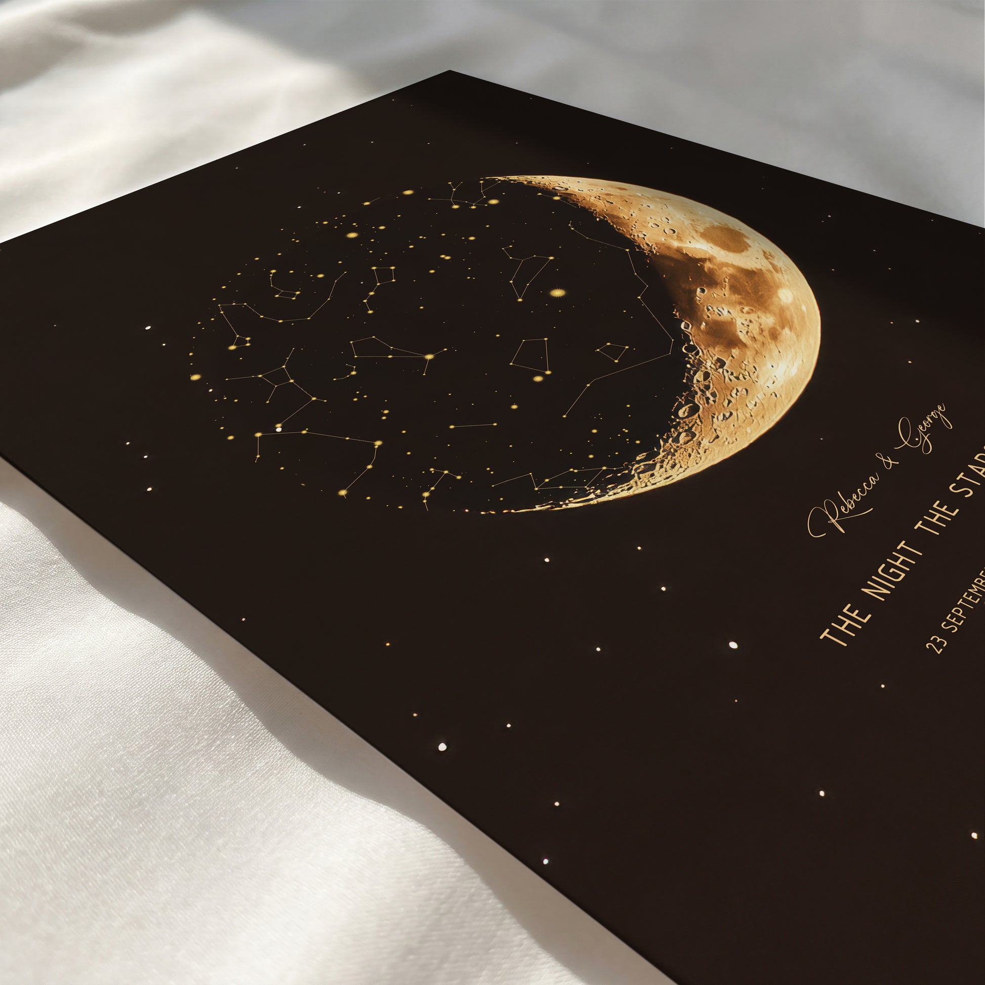 Close-up view of a custom celestial map with detailed moon phase stars and constellations