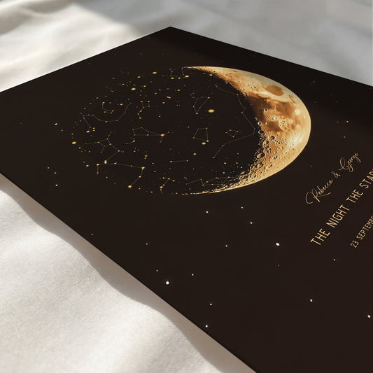 Close-up view of a custom celestial map with detailed moon phase stars and constellations